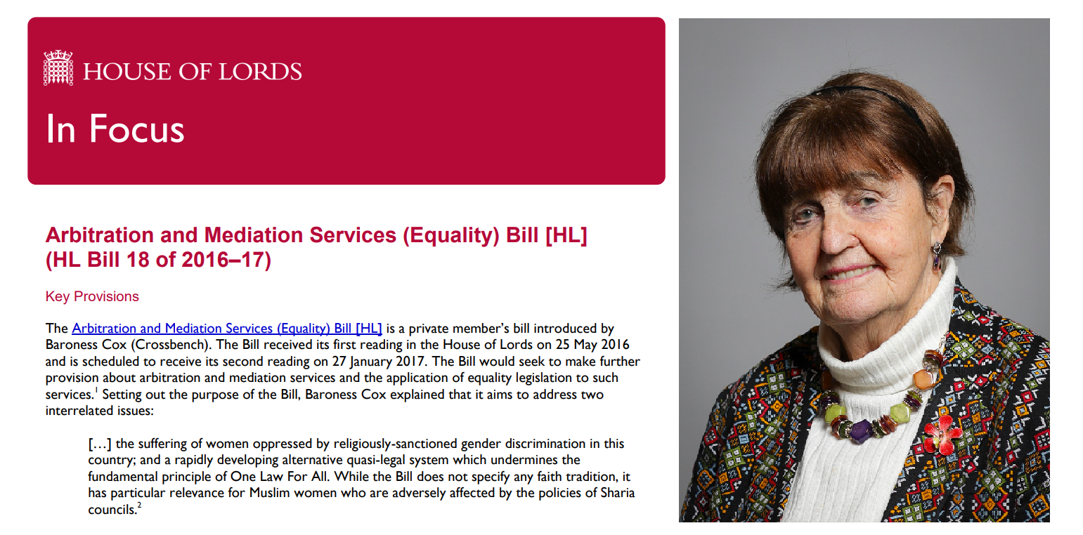 Arbitration and Mediation Services and Equality Bill - Baroness Cox